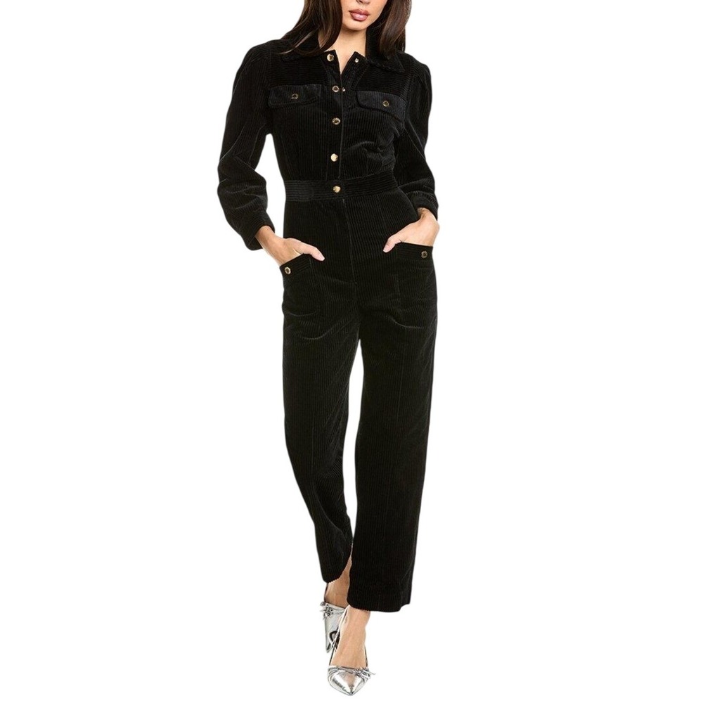 Mable Chelsea Cinched Waist Corduroy Jumpsuit Women L Black Long Sleeve Utility - Picture 1 of 10
